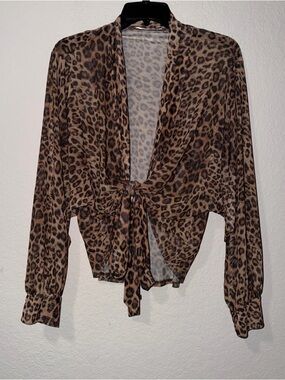 Black Bead Leopard Print Tie-Front Blouse